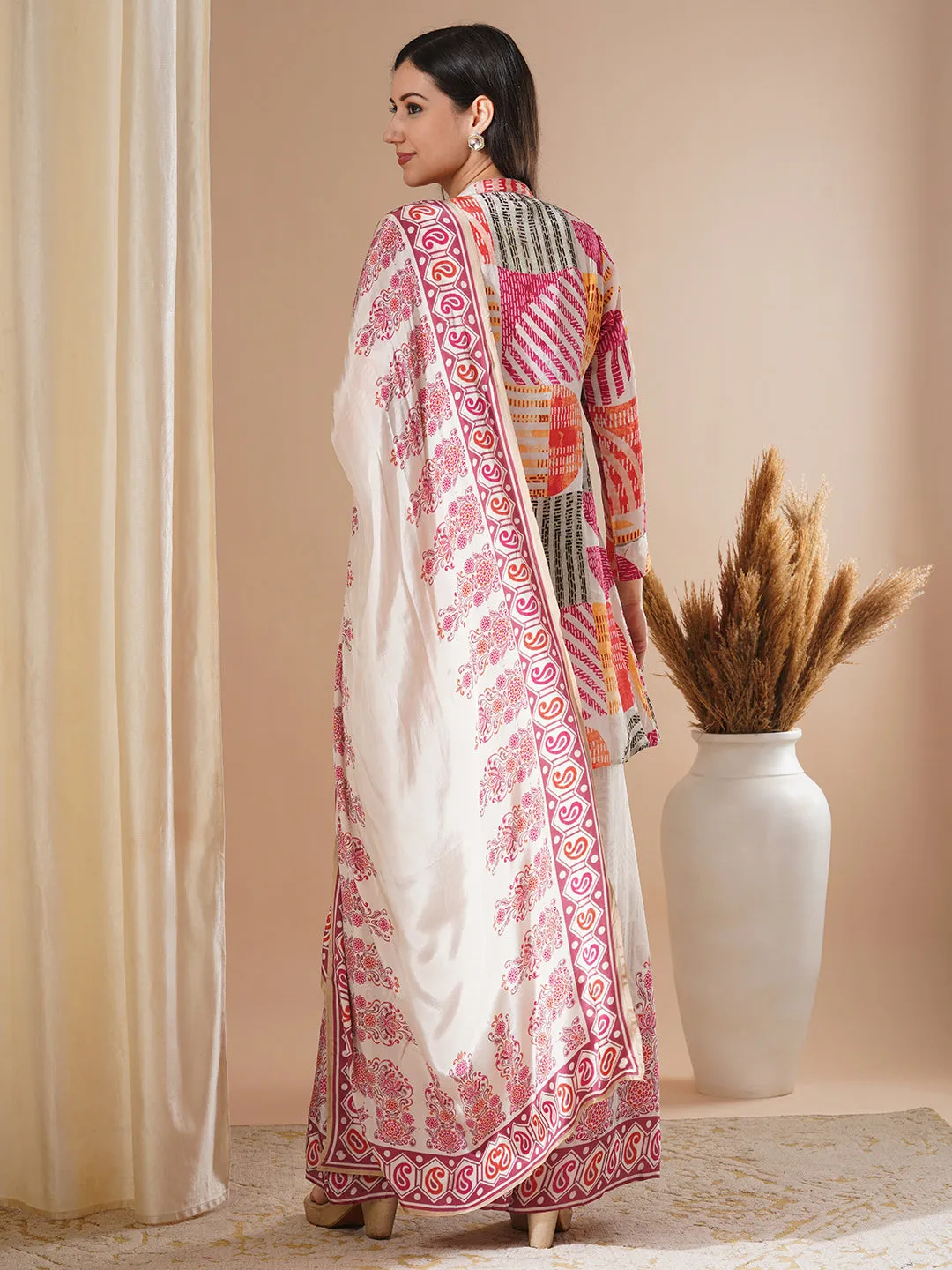 Multicolored Abstract Geometric Print Kurta with Hand Embroidery, Palazzo & Dupatta Set