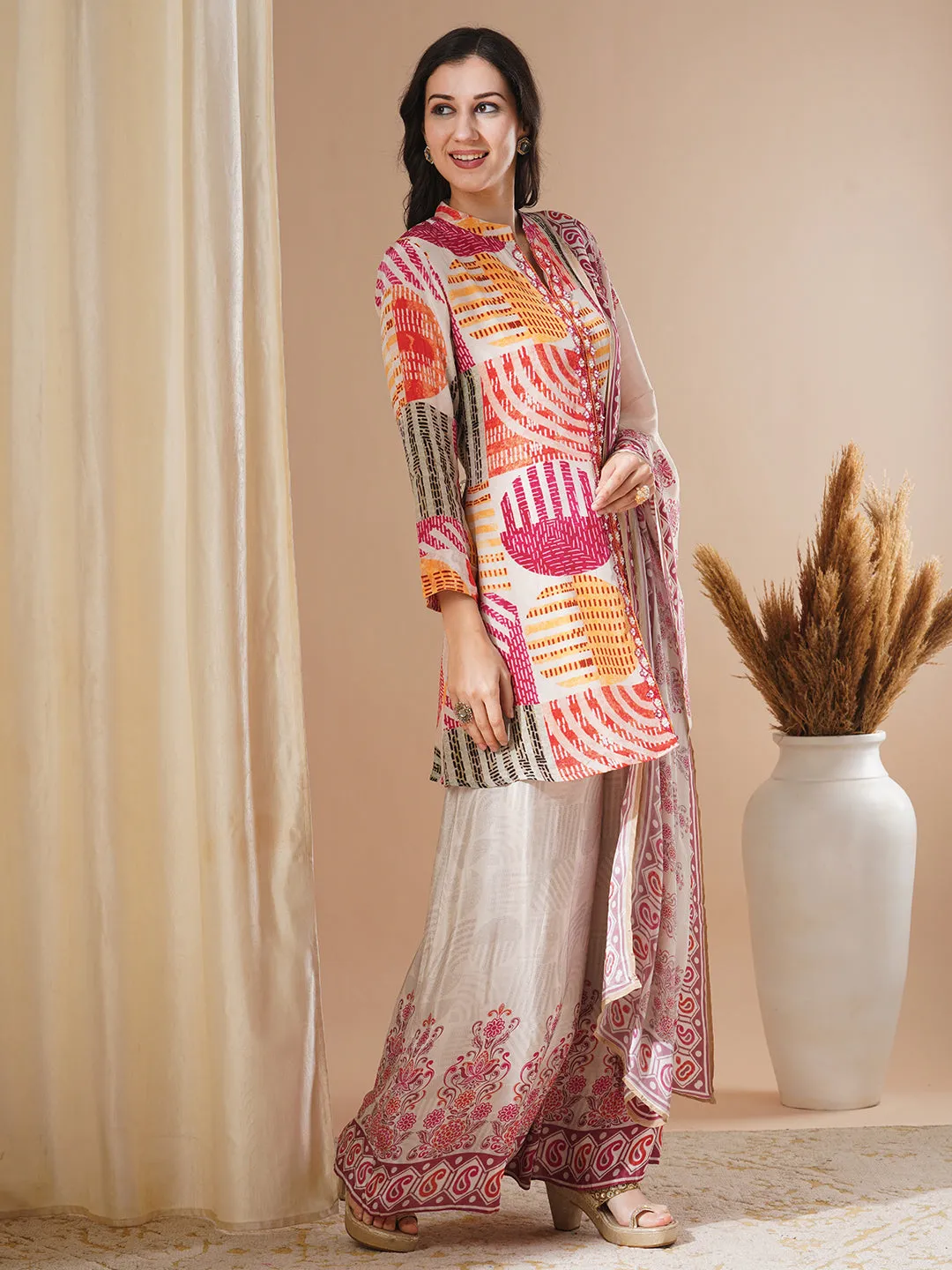 Multicolored Abstract Geometric Print Kurta with Hand Embroidery, Palazzo & Dupatta Set