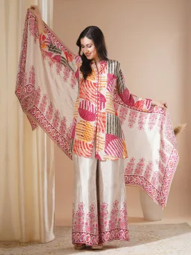 Multicolored Abstract Geometric Print Kurta with Hand Embroidery, Palazzo & Dupatta Set