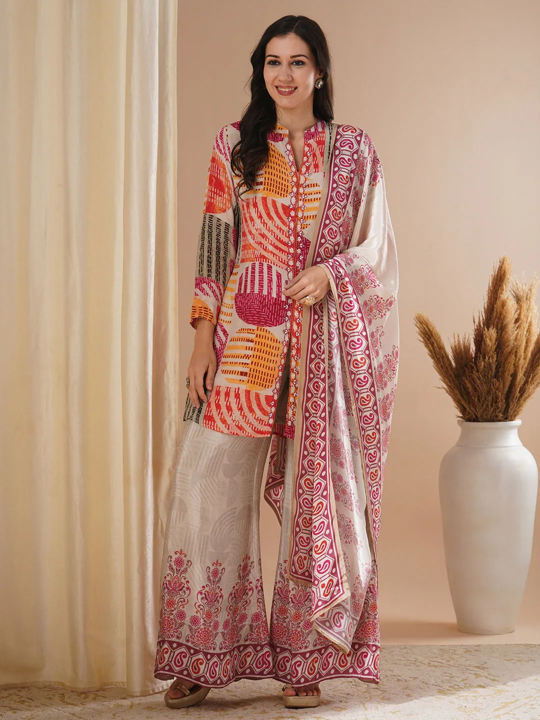 Multicolored Abstract Geometric Print Kurta with Hand Embroidery, Palazzo & Dupatta Set