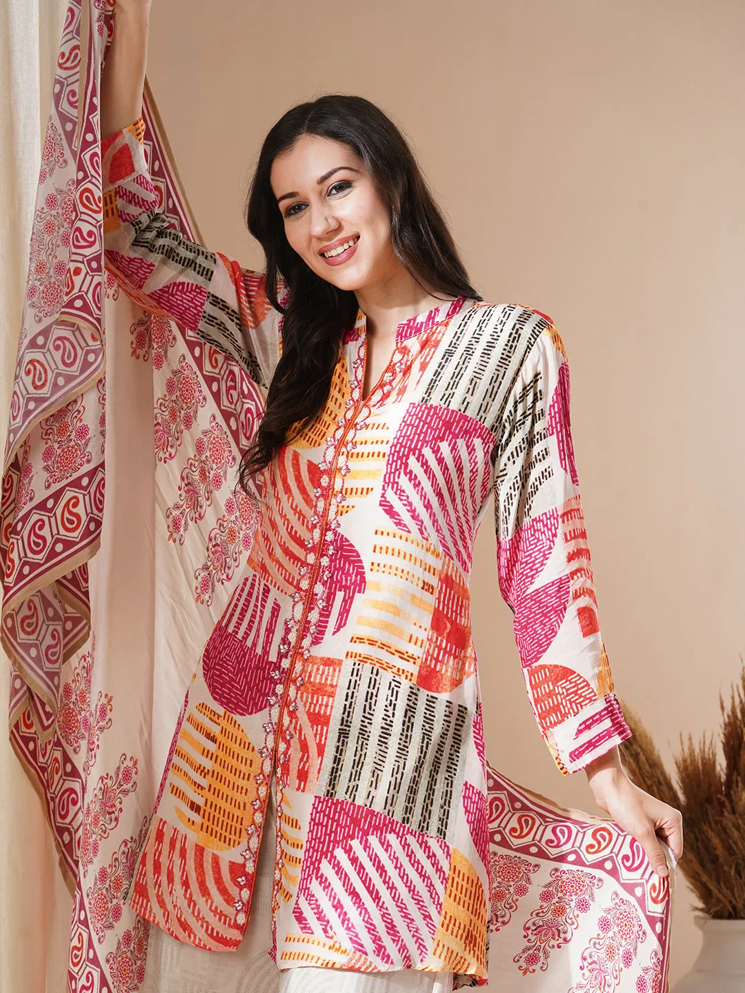 Multicolored Abstract Geometric Print Kurta with Hand Embroidery, Palazzo & Dupatta Set