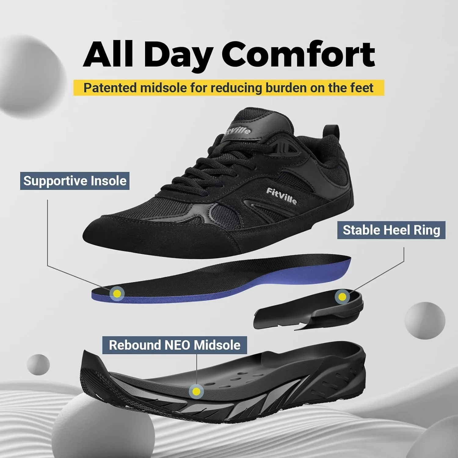 FitVille Wide Walking Shoes for Men Extra Wide Width Sneakers with Arch Support for Flat Feet Heel Pain Relief Plantar Fasciitis - Rebound NEO V1