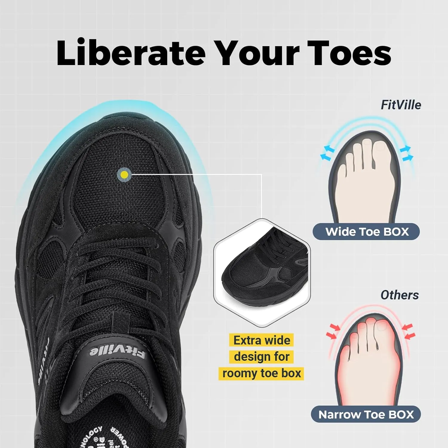 FitVille Wide Walking Shoes for Men Extra Wide Width Sneakers with Arch Support for Flat Feet Heel Pain Relief Plantar Fasciitis - Rebound NEO V1