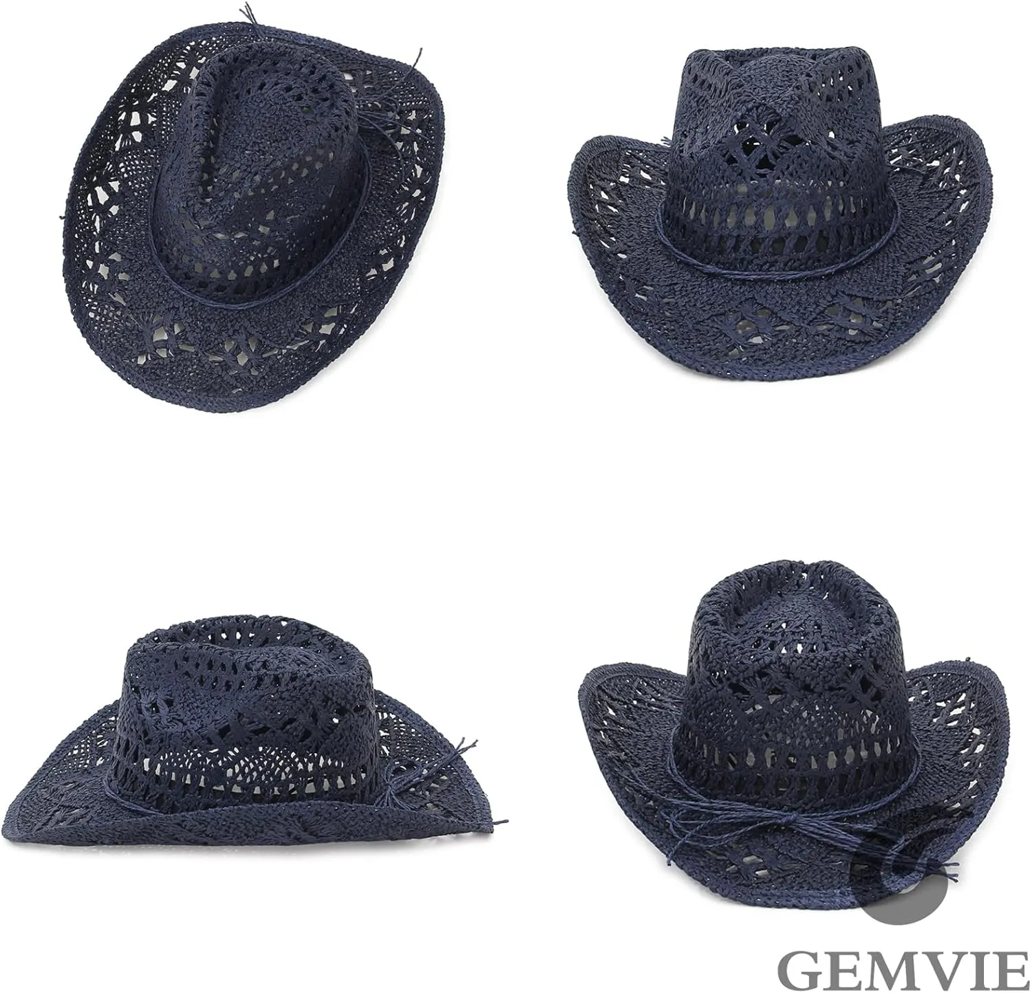 GEMVIE Men & Women's Summer Cowboy Cowgirl Straw Hat Hollow Out Style Roll Up Brim Cowboy Sun Hat