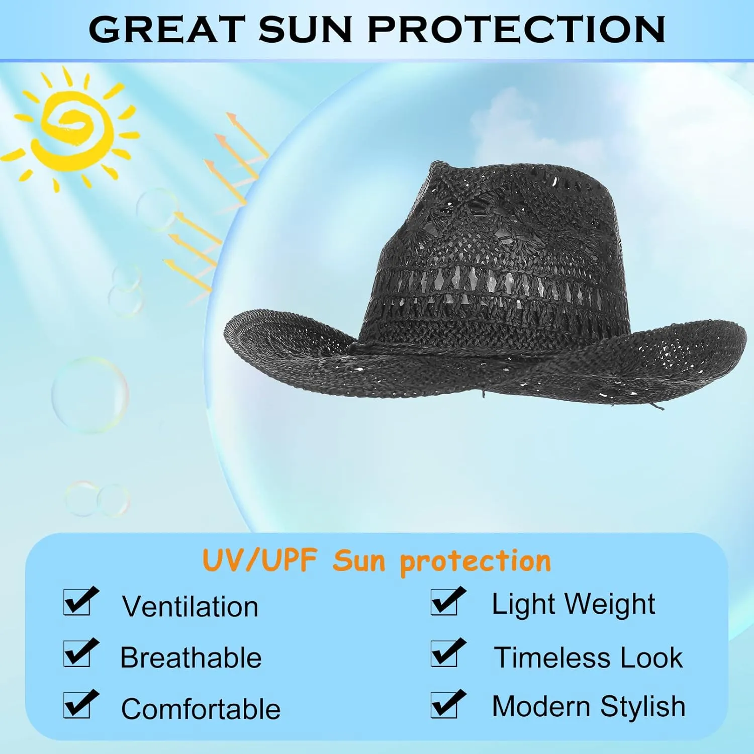 GEMVIE Men & Women's Summer Cowboy Cowgirl Straw Hat Hollow Out Style Roll Up Brim Cowboy Sun Hat