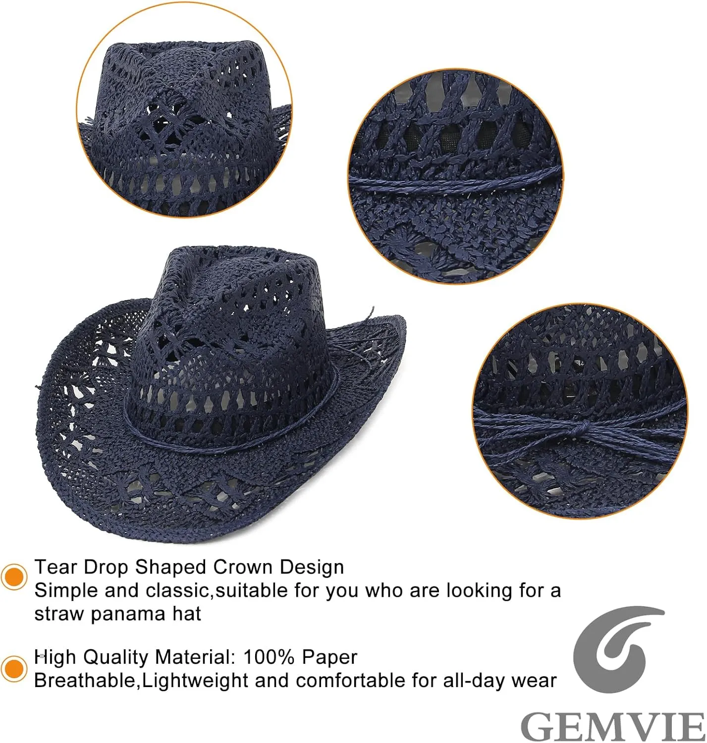 GEMVIE Men & Women's Summer Cowboy Cowgirl Straw Hat Hollow Out Style Roll Up Brim Cowboy Sun Hat