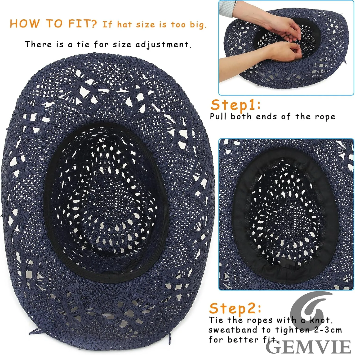 GEMVIE Men & Women's Summer Cowboy Cowgirl Straw Hat Hollow Out Style Roll Up Brim Cowboy Sun Hat