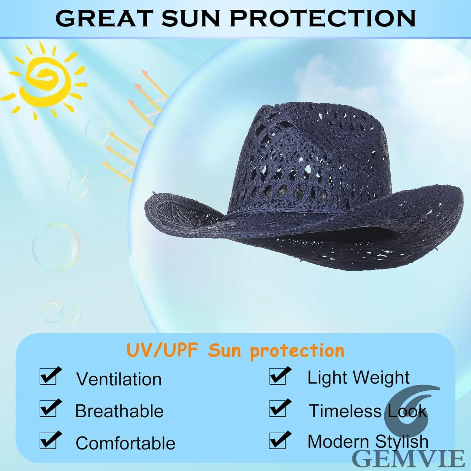 GEMVIE Men & Women's Summer Cowboy Cowgirl Straw Hat Hollow Out Style Roll Up Brim Cowboy Sun Hat