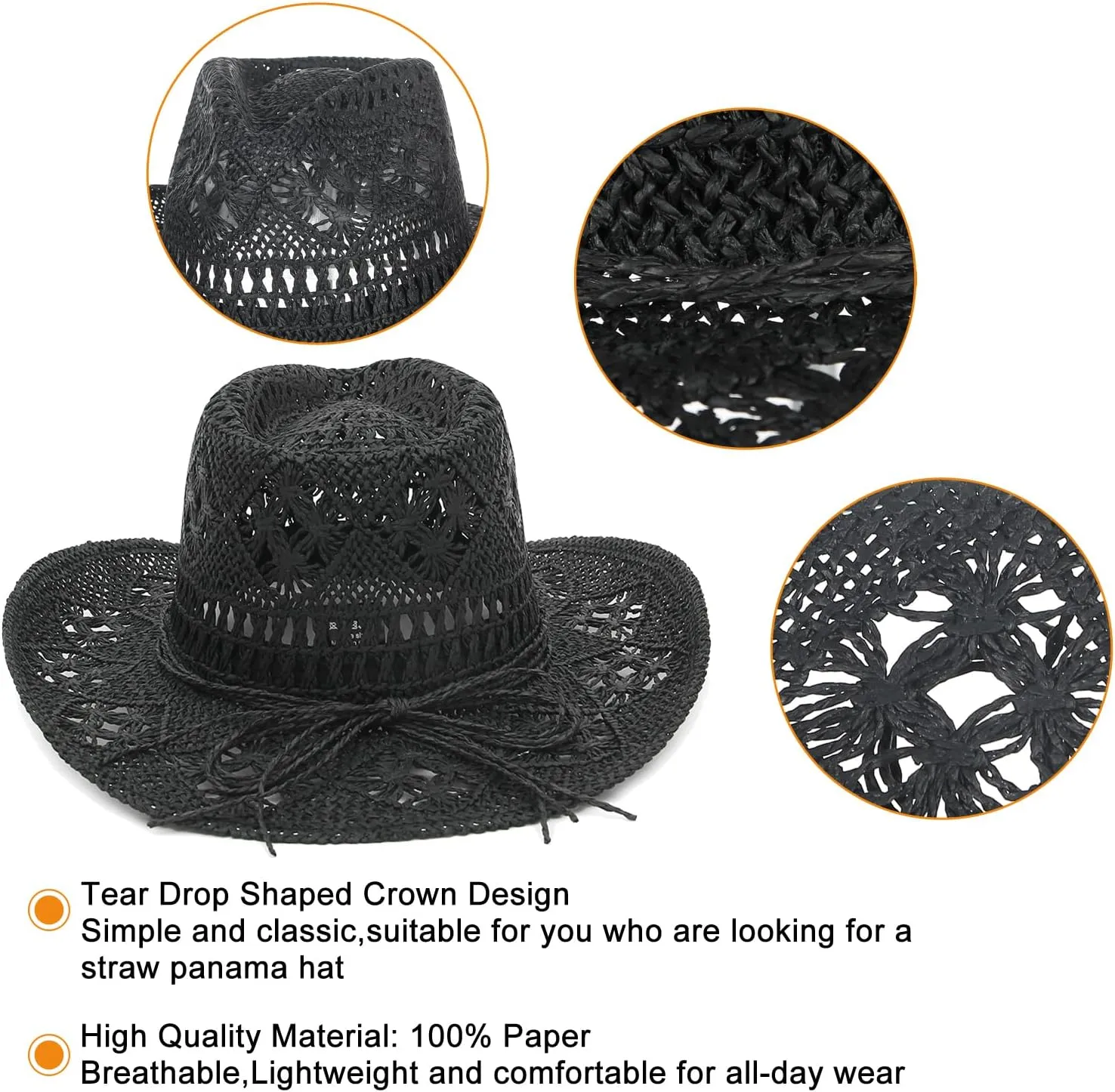 GEMVIE Men & Women's Summer Cowboy Cowgirl Straw Hat Hollow Out Style Roll Up Brim Cowboy Sun Hat