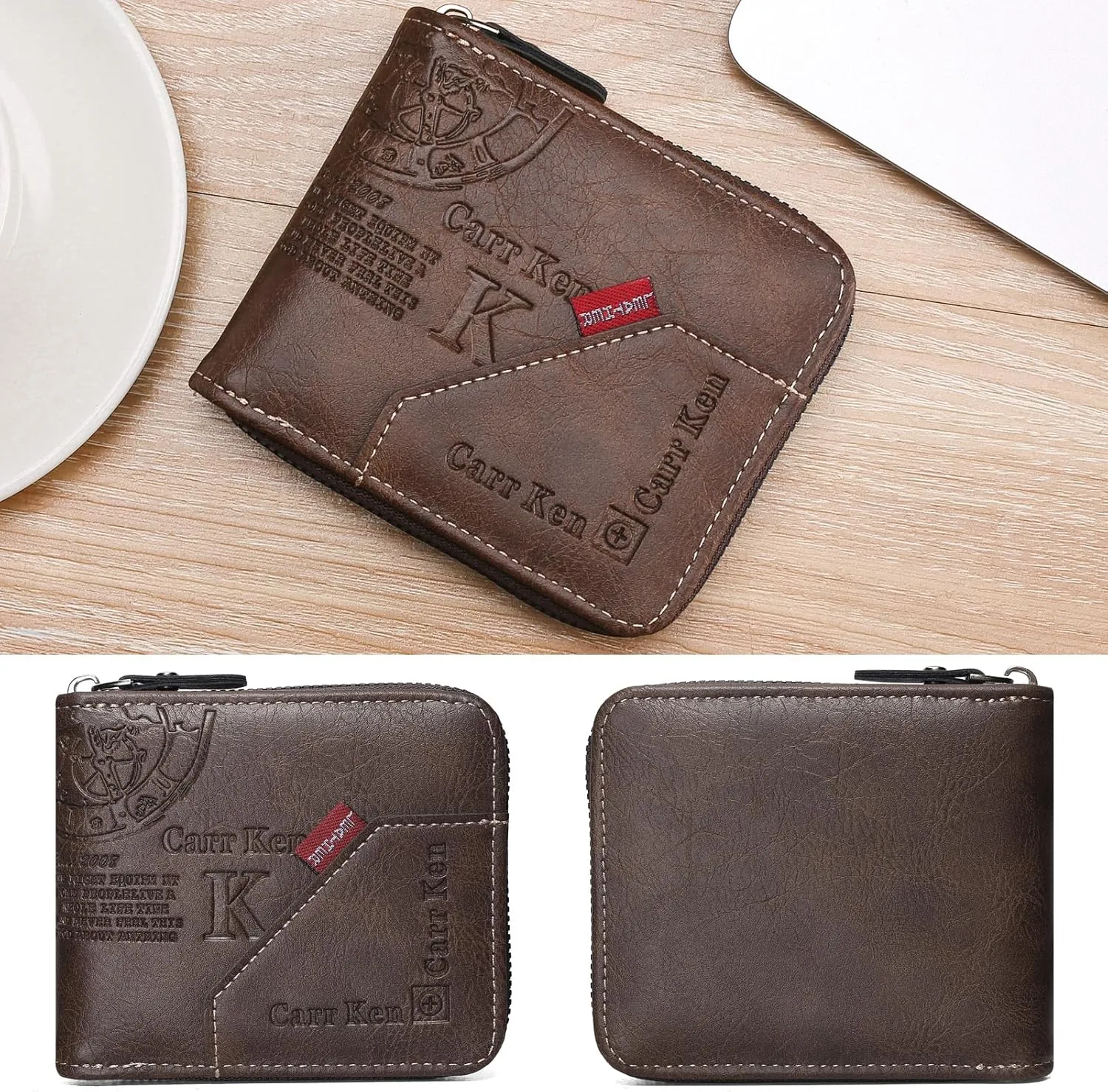Mens wallet Leather wallet men Wallet Zipper RFID Bifold Wallet for Men ID card Window Credit Card Coin Photo Multifunction Card Slots Gift for Him,Light Brown