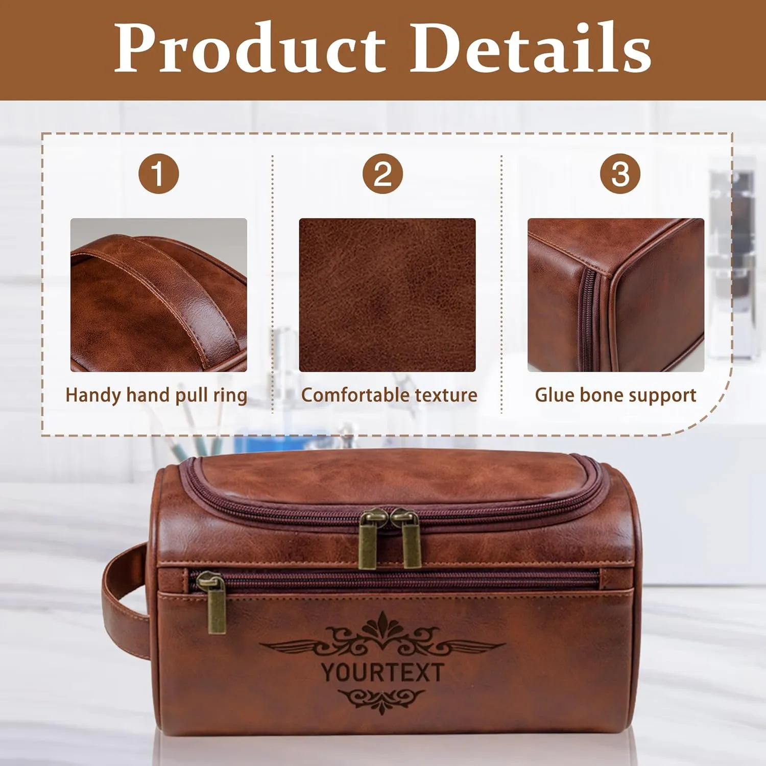 Personalized Leather Toiletry Bag For Men, Custom Mens Toiletry Travel Bag With Engraved Text, Customized Fathers Day Anniversary Birthday Gifts For Dad Husband Boyfriend, Men Dopp Kit Gift