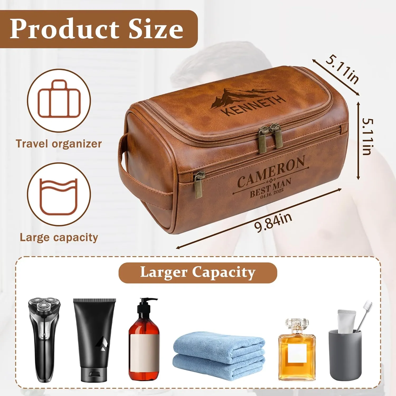 Personalized Leather Toiletry Bag For Men, Custom Mens Toiletry Travel Bag With Engraved Text, Customized Fathers Day Anniversary Birthday Gifts For Dad Husband Boyfriend, Men Dopp Kit Gift