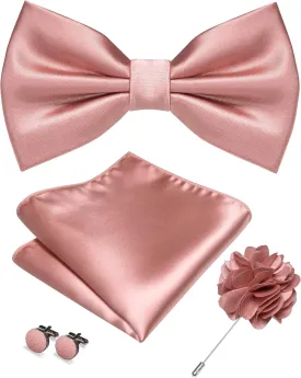 RBOCOTT Solid Color Bow Tie and Pocket Square with Lapel Pin Cufflinks Set 4PCS