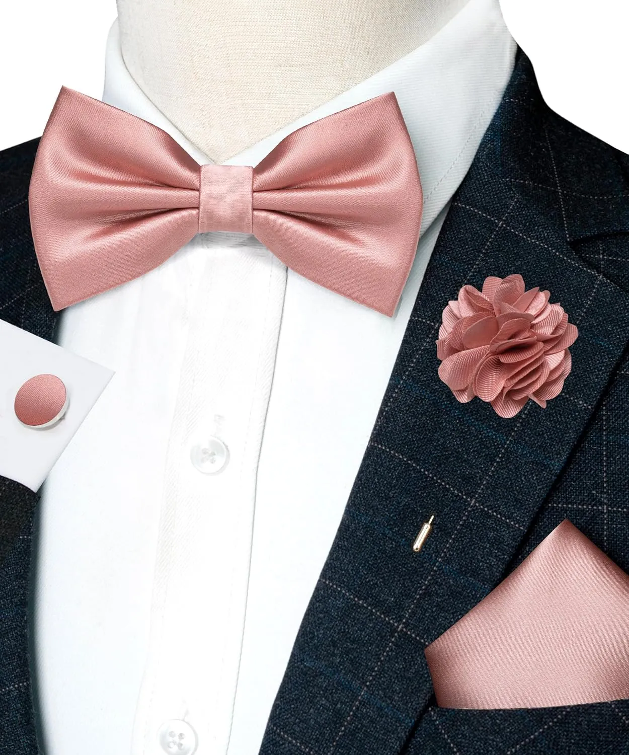 RBOCOTT Solid Color Bow Tie and Pocket Square with Lapel Pin Cufflinks Set 4PCS